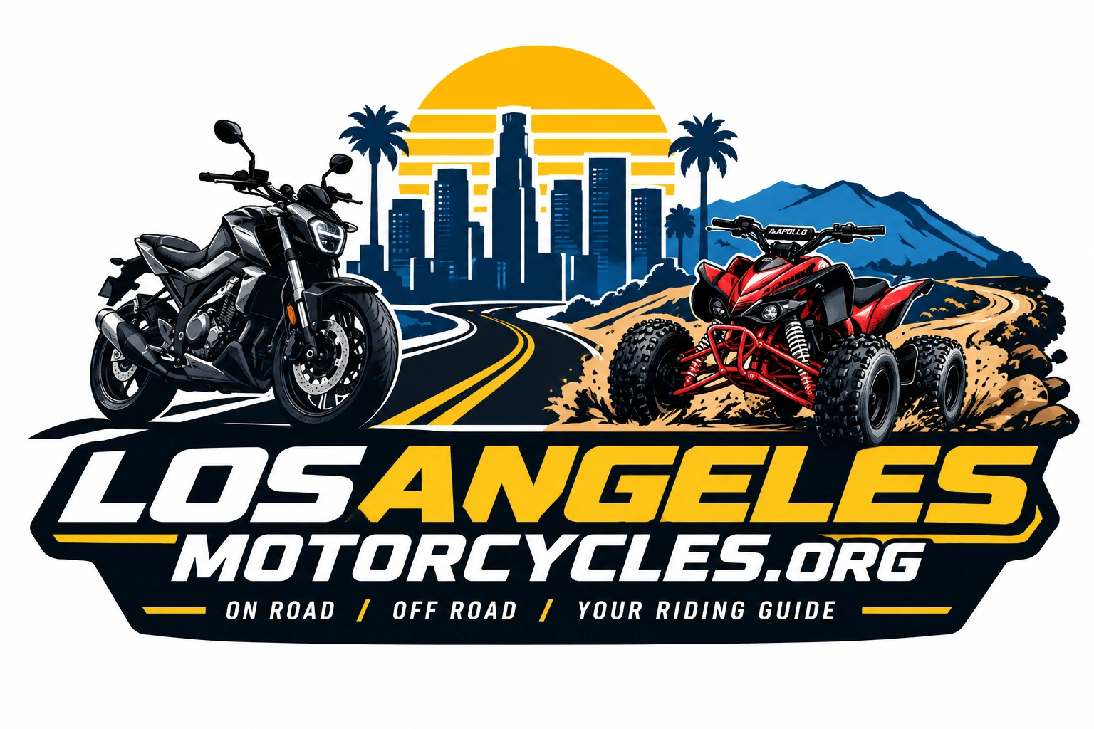 Los Angeles Motorcycles.org logo featuring an on-road motorcycle and off-road ATV with Los Angeles skyline